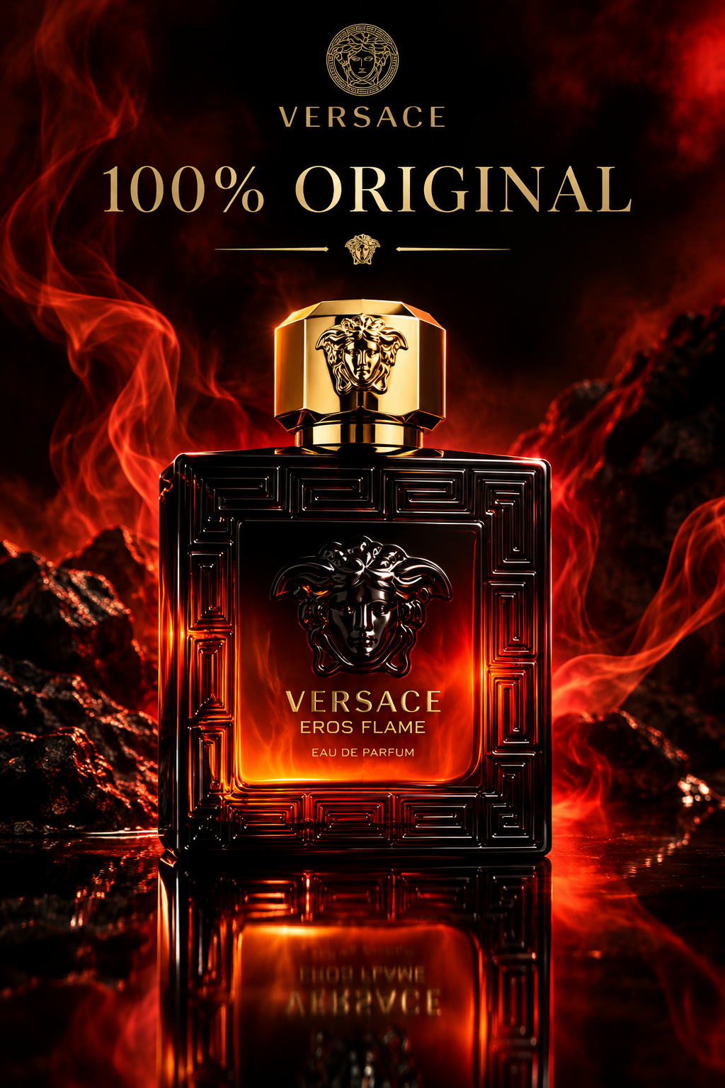 תמונה פרסומית ל-Versace Eros Flame עם כיתוב 100% Original